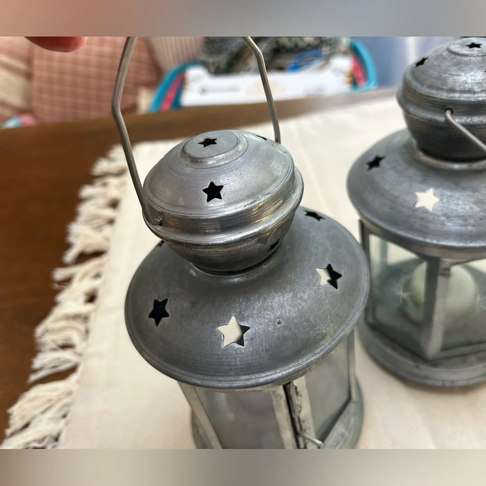 Two Vintage Galvanized hexagon Tea lights, handcrafted in India, hang or stand.